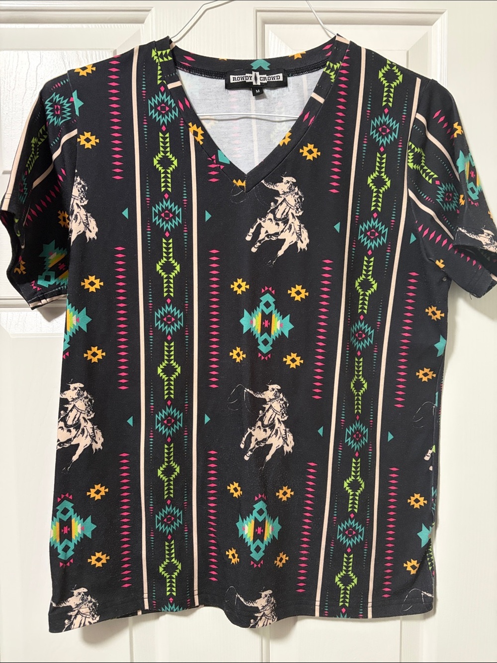 Women’s  Black V-Neck Western Print Shirt